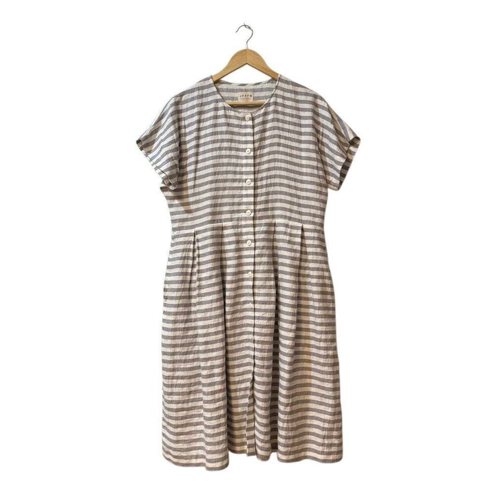Offon Clothing Womens Short Sleeve Striped  Linen Dress Medium Oversized Button